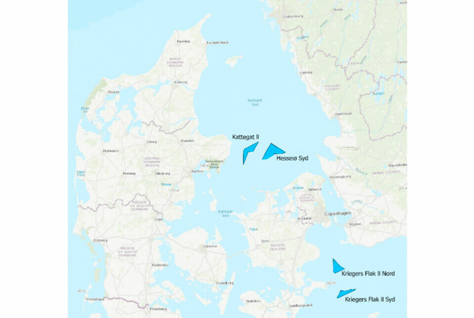 Kortet viser områderne, som skal forundersøges med henblik på mulig etablering af havvindmølleparker. Kortet fremgår af screeningen af havarealer offentliggjort den 11. maj 2022. Illustration: Energistyrelsen