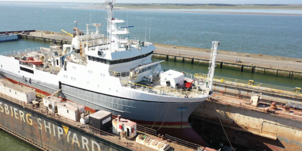 Skibet Munin Explorer under et tidligere besøg på det vestjyske værft. Foto: Esbjerg Shipyard A/S