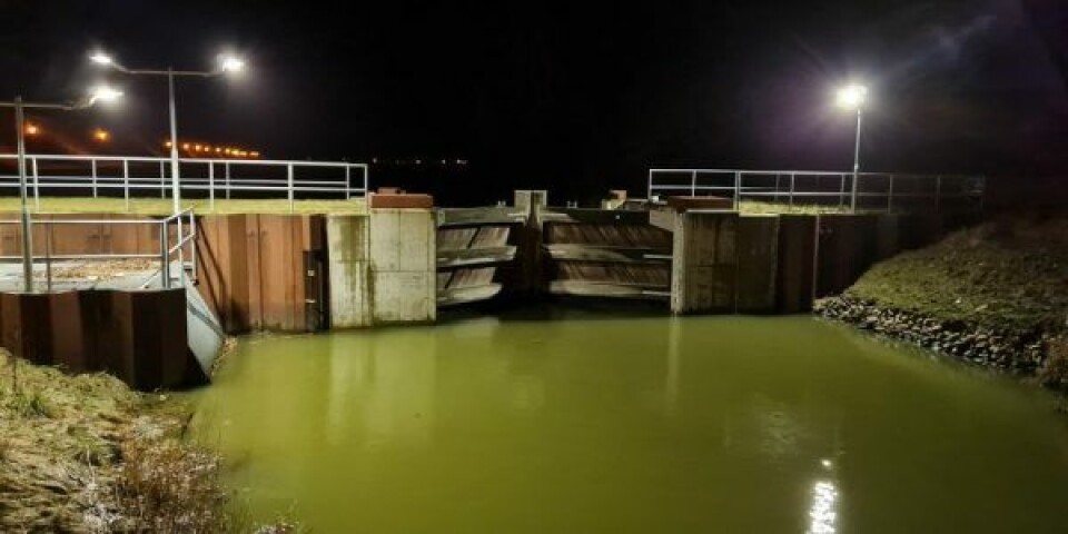 Slusen ved Havnevej blev lukket lørdag aften. Slusen forbliver lukket indtil mandag formiddag. Foto: Halsnæs Forsyning