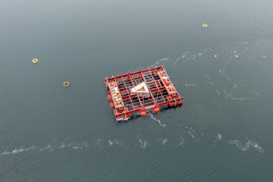 Se billederne: Nu står pylonfoden på bunden af Storstrømmen