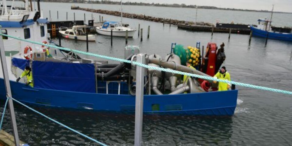 Efter ankomst fra et af flere havbrug i Musholm Bugt gør mandskabet på brøndbåden ”Hjarnø” klar til ilandførsel af ørreder via et pumpesystem. Tre gange i døgnet ankommer brøndbåden til Reersø Havn med mellem 10 og 12.000 fisk ad gangen. Efter ankomst fra et af flere havbrug i Musholm Bugt gør mandskabet på brøndbåden ”Hjarnø” klar til ilandførsel af ørreder via et pumpesystem. Tre gange i døgnet ankommer brøndbåden til Reersø Havn med mellem 10 og 12.000 fisk ad gangen. Foto: Jens Nørgaard.