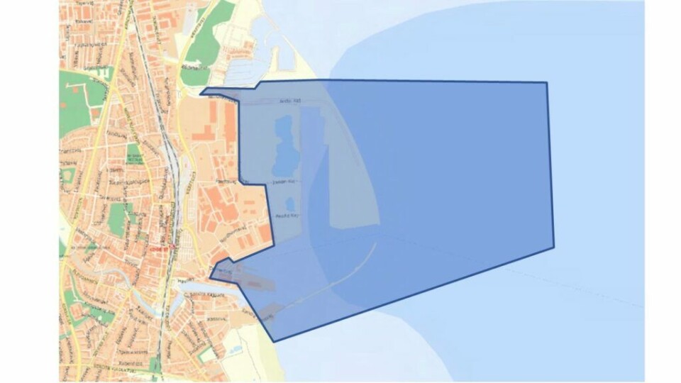 Kort over det midlertidige militære område på og ud for Køge Havn. Illustration: Midt og Vestsjællands Politi