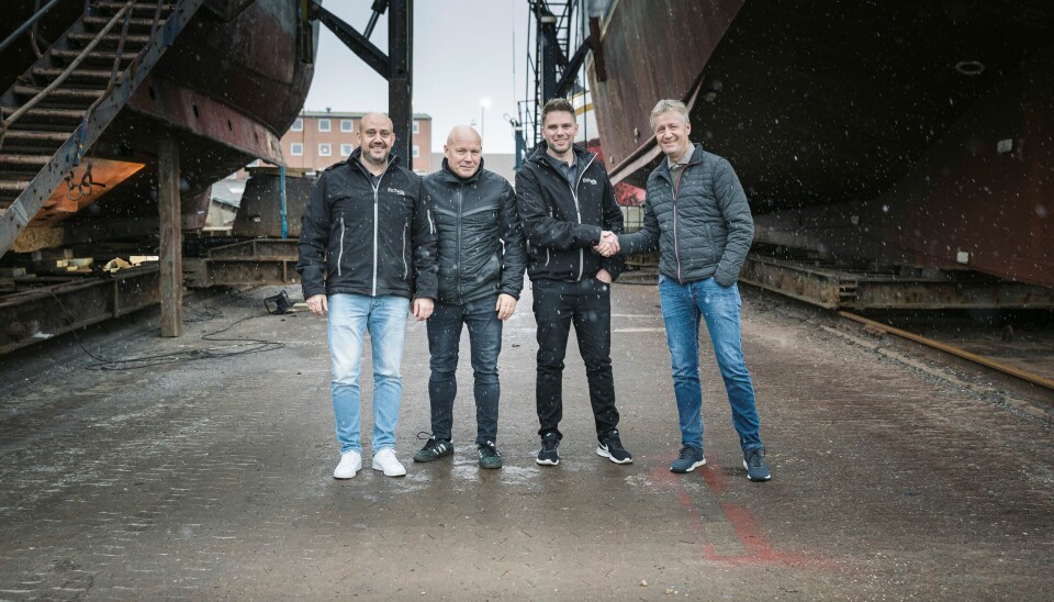 Nu styrkes den maritime serviceindustri med fusionen mellem EnTech Marine A/S og Vestkajens Maskinværksted A/S. Fra venstre: Thomas Diget, Teknisk Direktør, EnTech Marine A/S, Morten Mikkelsen, Afdelingsdirektør, Vestkajens Maskinværksted A/S, Morten Lilholt, Administrerende Direktør, EnTech Marine A/S, Karsten Mølgaard, aktionær, Hornsnes Invest A/S.
