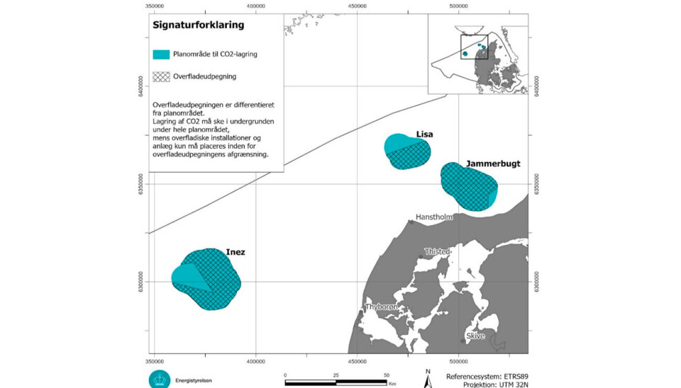 Kort over planområde for CO2-lagring i de kystnære områder på havet.